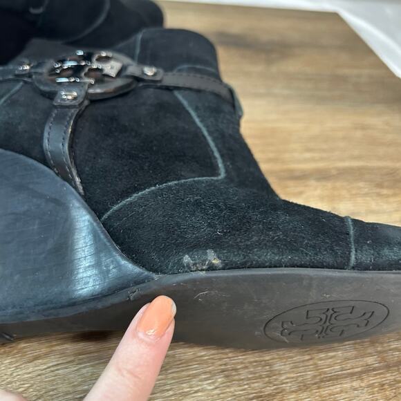 Tory Burch Aaden Women's Ankle Boots Black Suede Harness Logo Emblem Wedge - Picture 7 of 10